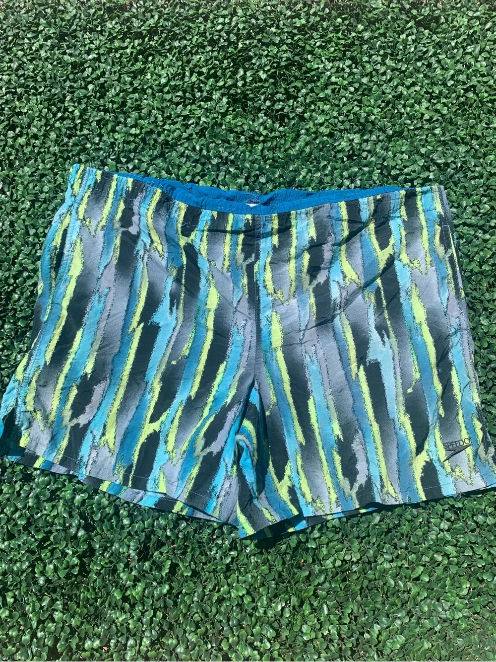 Vintage Speedo blue green abstract stripe swim trunks - needs elastic repair